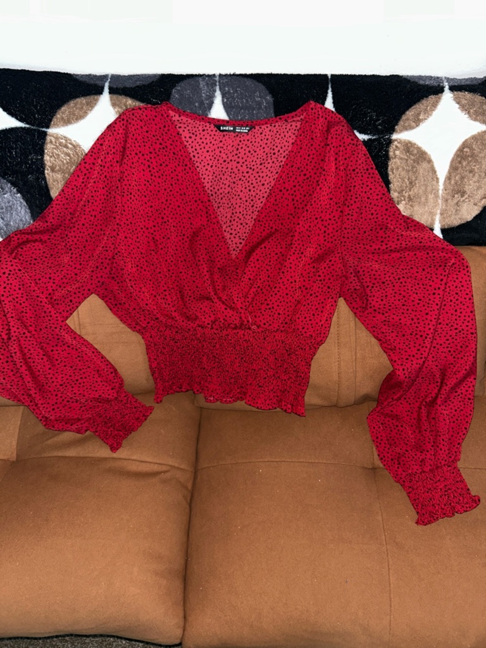 SHEIN Red Dotted V-Neck Smocked-Hem Long Sleeve Crop Top Blouse
